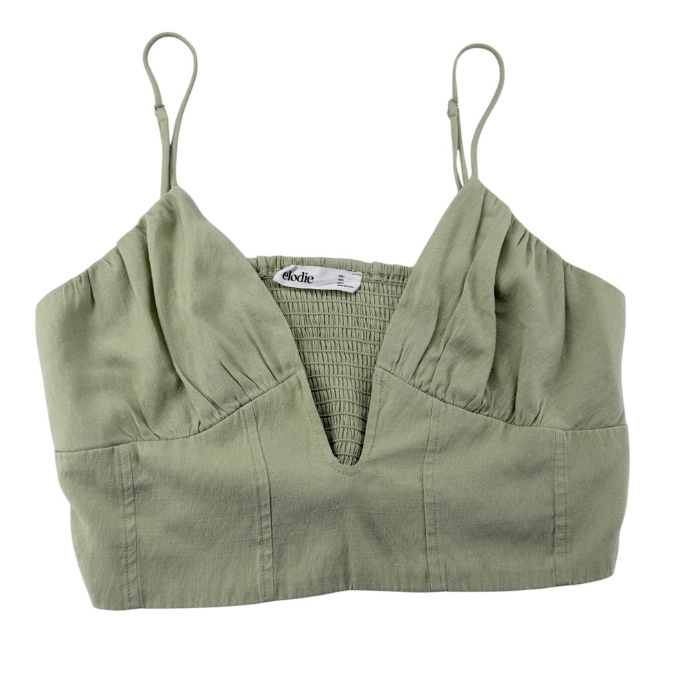 Elodie Sage Green Smocked Crop Top Womens Size Large V-Neck Cami Boho Summer